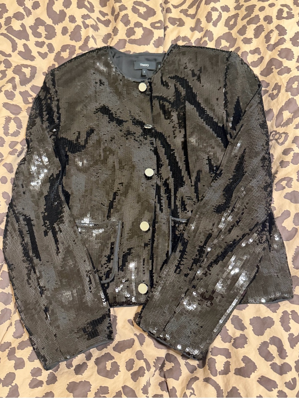 Theory Black Sequin Round-Neck Jacket with Contrast Buttons